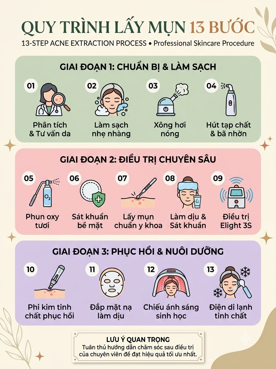 Infographic quy trình lấy nhân mụn 13 bước chuẩn y khoa tại Nhung Spa