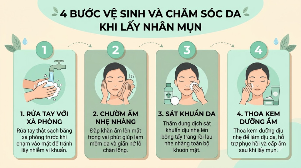 Các bước cách lấy nhân mụn tại nhà an toàn: rửa tay, chườm ấm, sát khuẩn, dưỡng ẩm