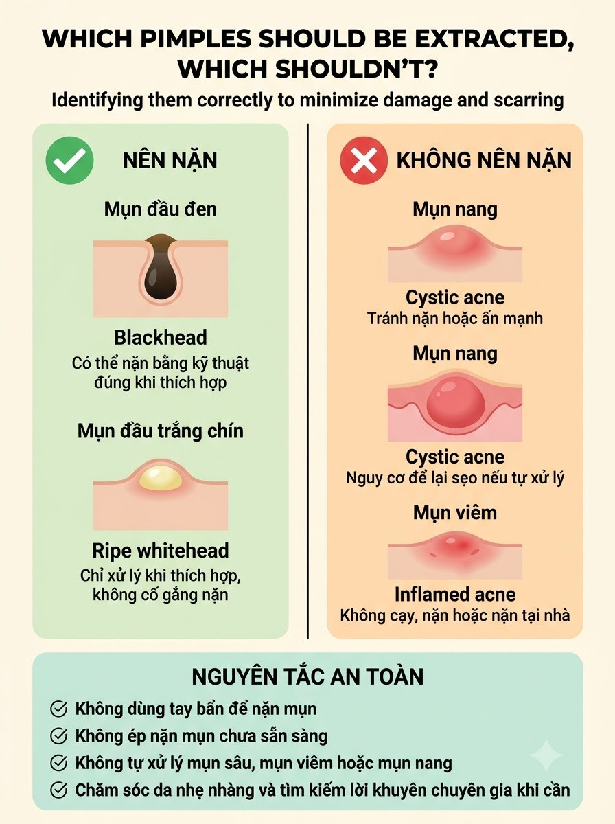 Infographic phân biệt loại mụn nên lấy và không nên lấy nhân mụn