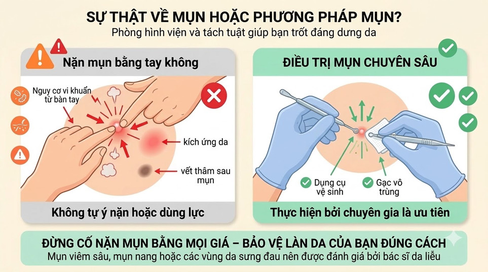 Minh họa rủi ro khi tự nặn nhân mụn so với lấy nhân mụn vô trùng