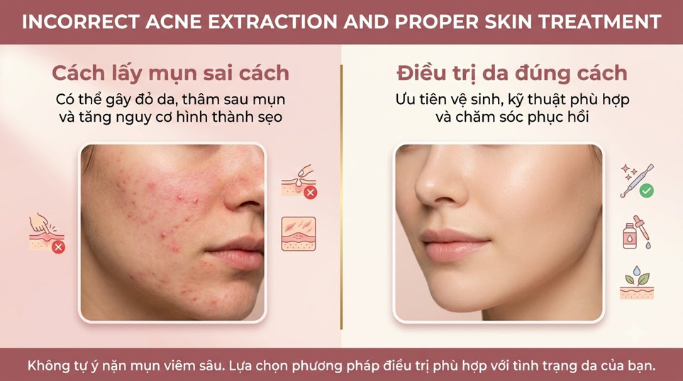 Rủi ro khi tự lấy mụn ẩn dưới da tại nhà gây sẹo rỗ và thâm