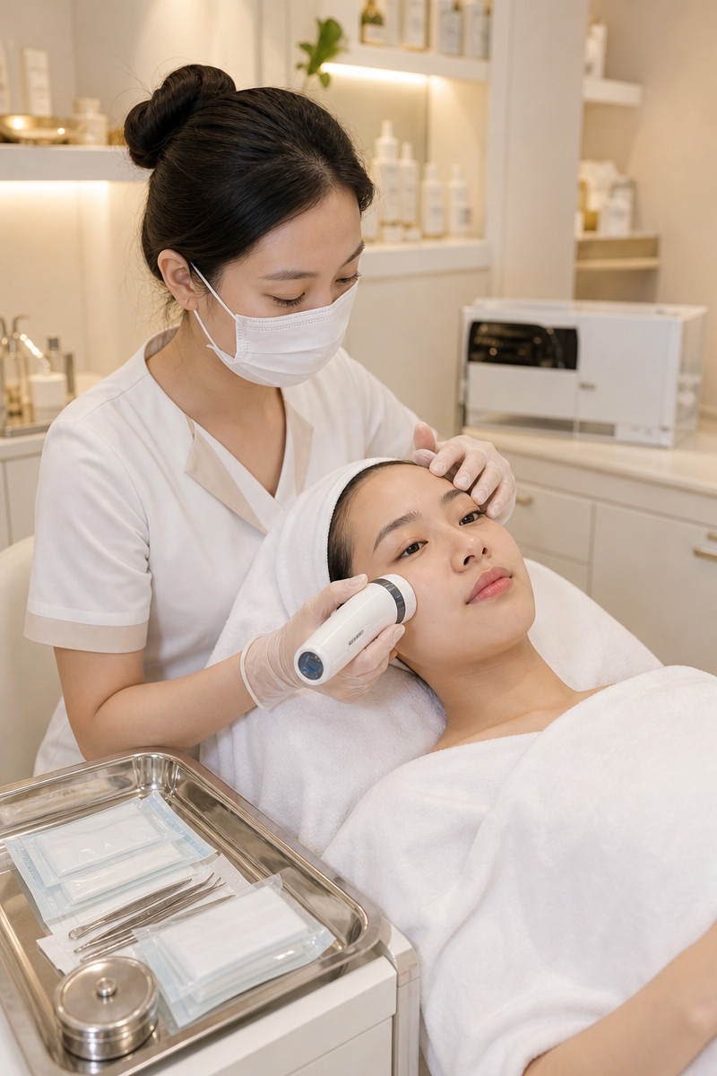 Kỹ thuật viên soi da trước khi lấy nhân mụn ẩn tại Nhung Spa Thái Nguyên