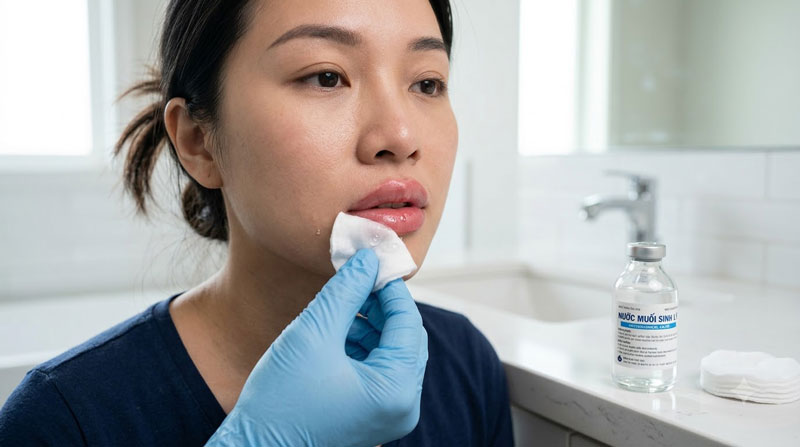 Vệ sinh môi nhẹ nhàng bằng nước muối sinh lý